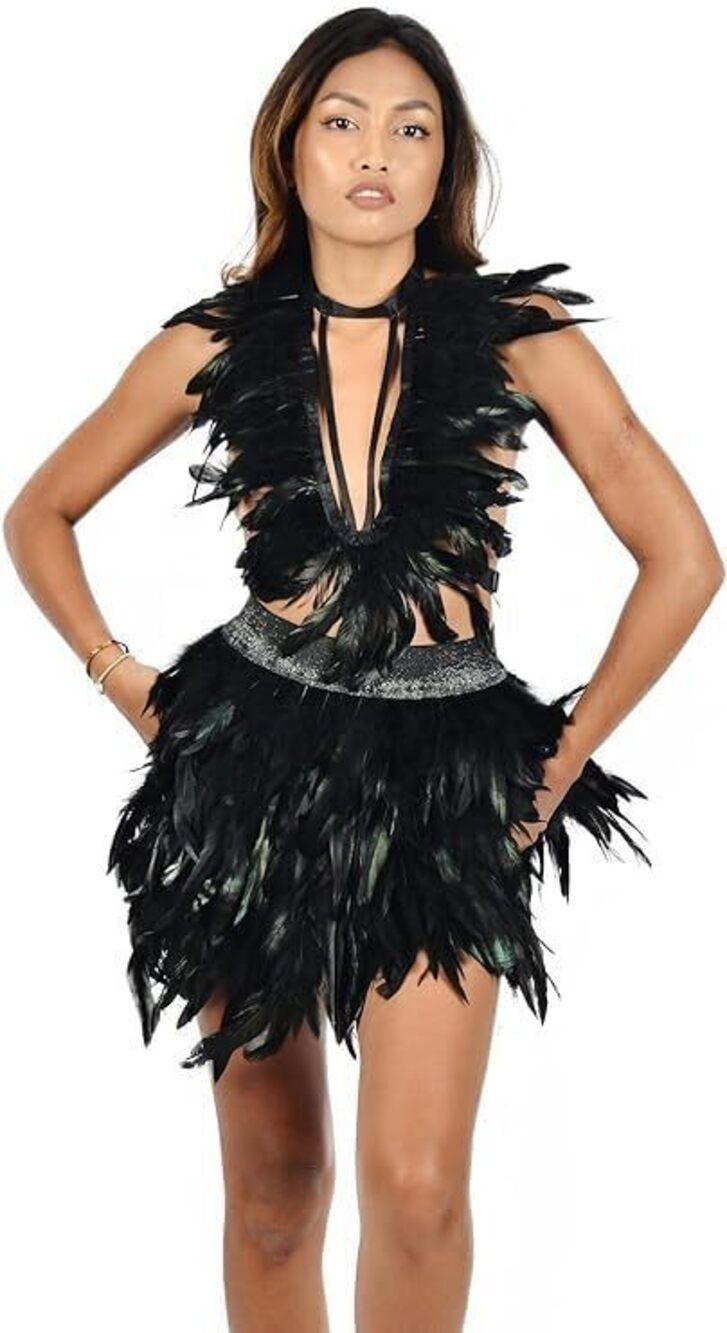 9849 Sexy 2 Piece feather Skirt Sets See-Through Hollow Out feather Top